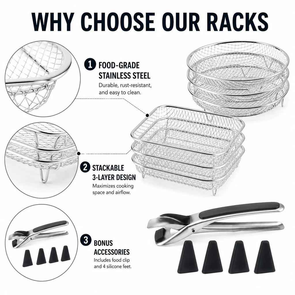 3-Tier Stackable Air Fryer Rack – Stainless Steel Dehydrator Set Air Fryer Rack Axl