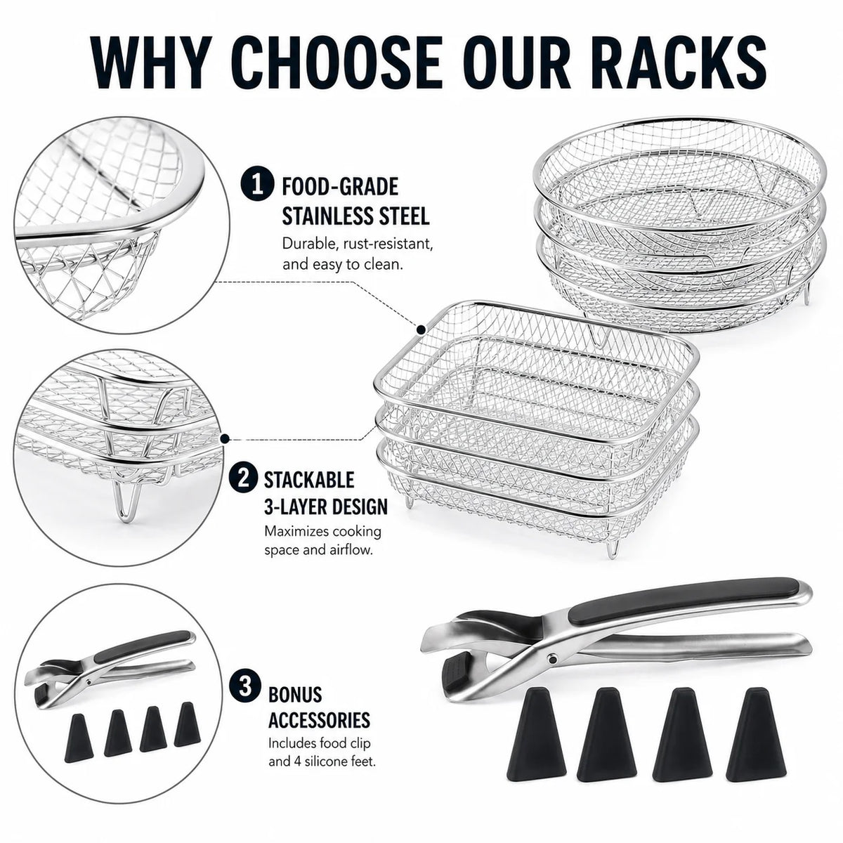 3-Tier Stackable Air Fryer Rack – Stainless Steel Dehydrator Set Air Fryer Rack Axl