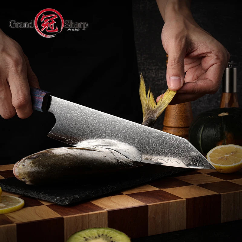 Damascus Steel Kiritsuke Chef Knife | Purple Handle | 67-Layer Kiritsuke Chef Knife Axl