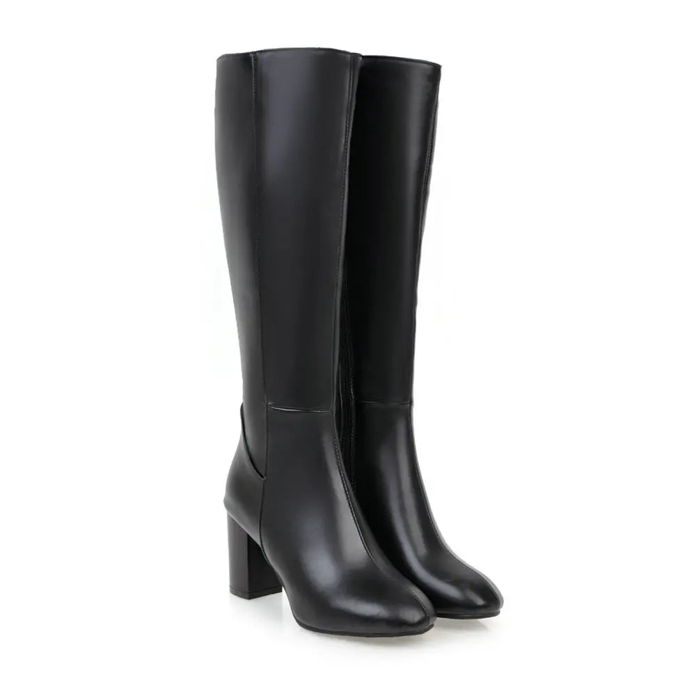 Women's Knee High PU Leather Block Heel Boots – Side Zip Knee High Boots Axl