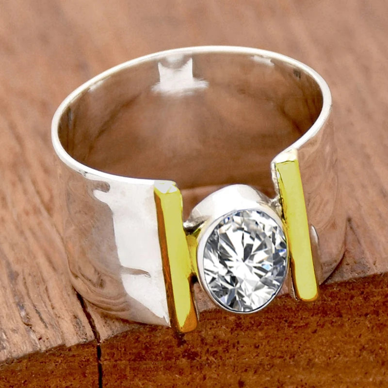 Huitan Wide CZ Ring – Two-Tone Hammered Statement Band for Women Fashion Statement Ring Axl
