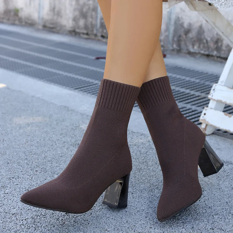 Women's Knitted Sock Ankle Boots | Pointed Toe Square Heel Sock Ankle Boots Axl