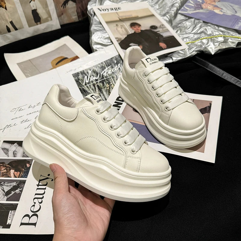 Women's White Platform Sneakers – PU Leather Lace-Up Flats Platform Sneakers Axl Beige 40