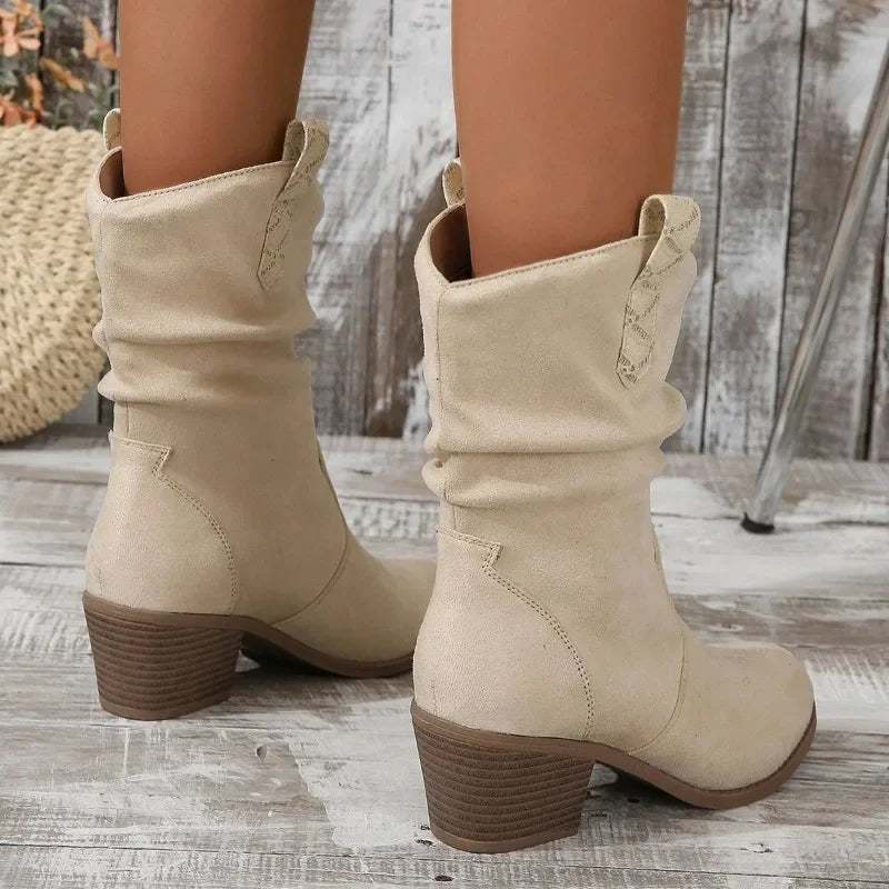 Women's Mid-Calf Boots – Round Toe Square Heel Slip-On Women's Fashion Boots Axl
