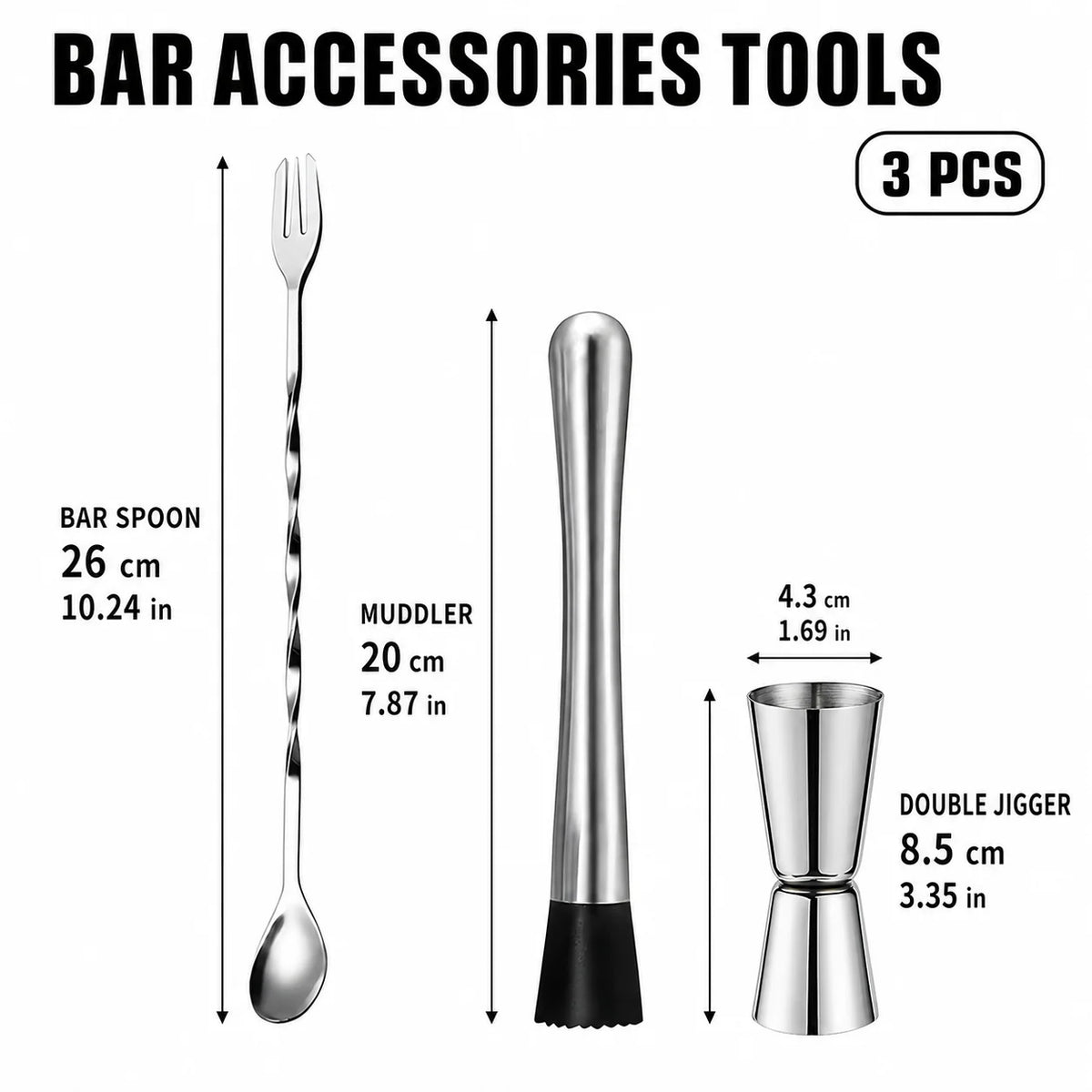 Stainless Steel Cocktail Muddler & Bar Tool Set | 3–9 Piece Bar Tool Set Axl 3 Pack-J002