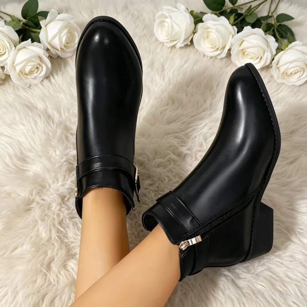Women's PU Leather Ankle Boots | Side Zipper Square Heel Women's Ankle Boots Axl