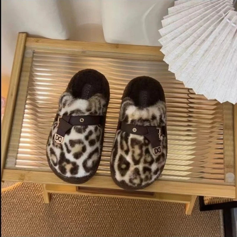 Women's Leopard Chunky Plush Slippers – Cozy Indoor Slide Plush Indoor Slippers Axl Beige 37