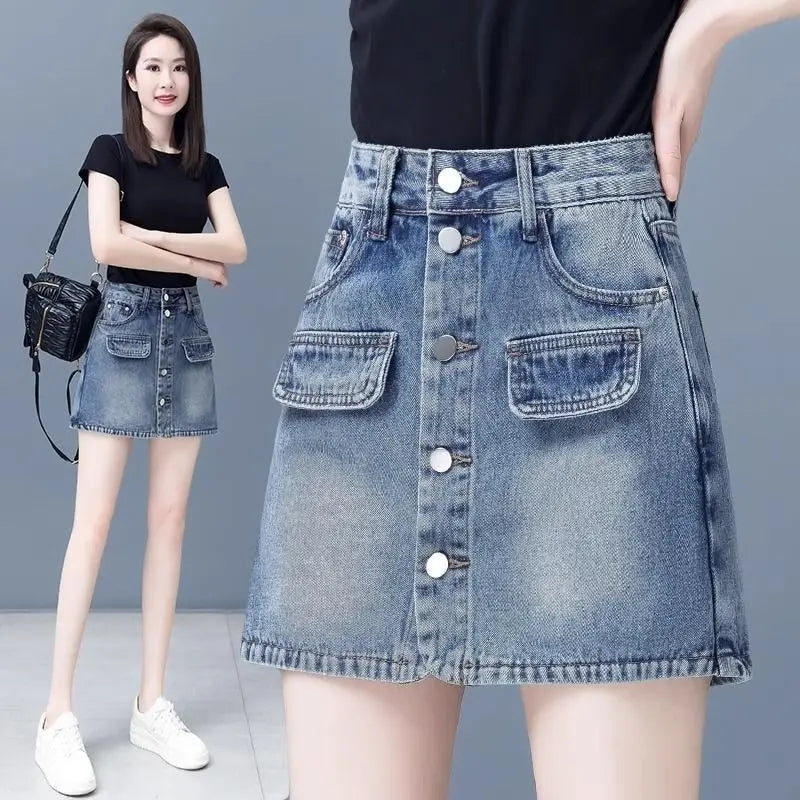 Women's Denim Mini Cargo Skirt – Button Fly A-Line with Pockets Denim Mini Skirt Axl