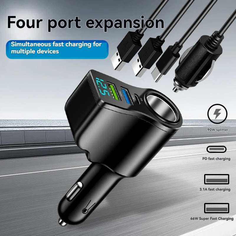 4-in-1 Car Charger – Dual USB + Type-C PD Fast Charging 12/24V Car Charger Adapter Axl