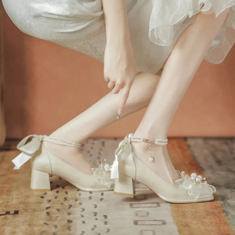 Women's Pearl Square-Toe Pumps – Thick Heel Mary Jane Slingback Women's Heeled Pumps Axl