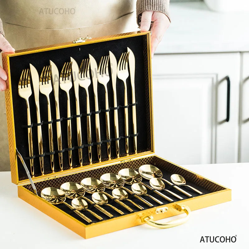 24-Piece Gold Stainless Steel Cutlery Set for 6 | Gift Box Flatware Cutlery Set Axl