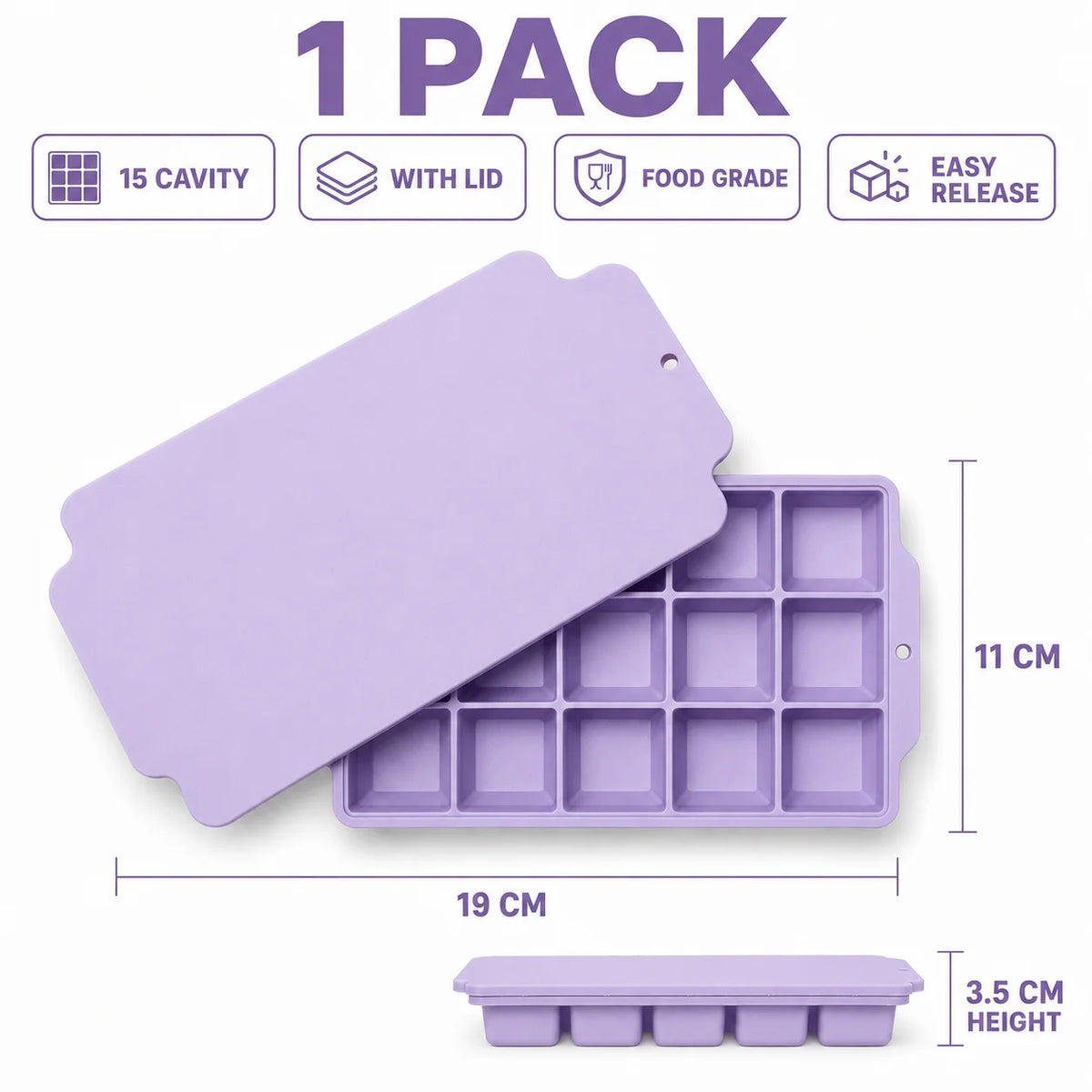 15-Grid Silicone Ice Cube Tray with Lid | Large Square Ice Mold Silicone Ice Cube Tray Axl 1 Pack Purple