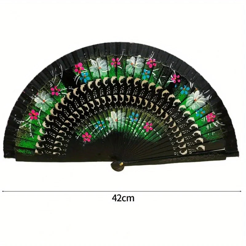 Wooden Spanish Folding Fan – Double-Sided Floral Dance & Decor Decorative Folding Fan Axl
