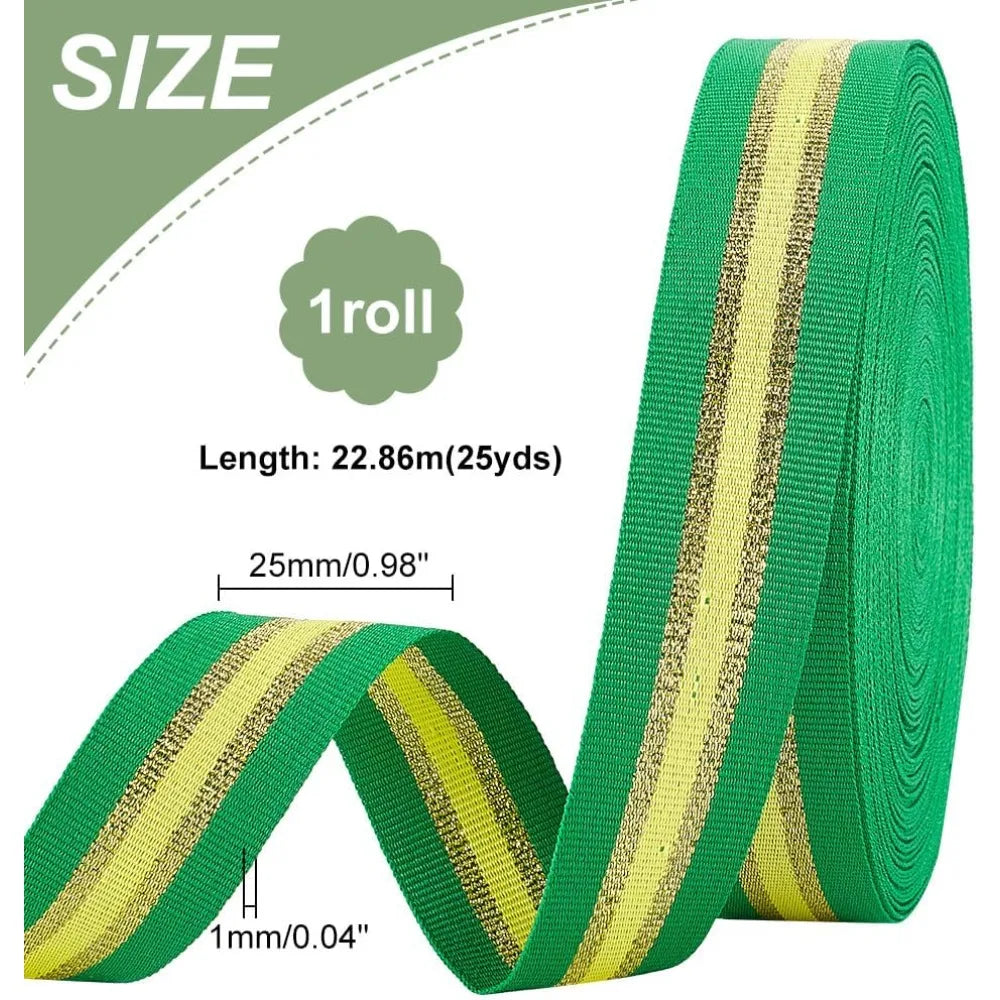 25 Yards Glitter Stripe Polyester Ribbon – 1 Inch Flat Green Craft Ribbon Axl