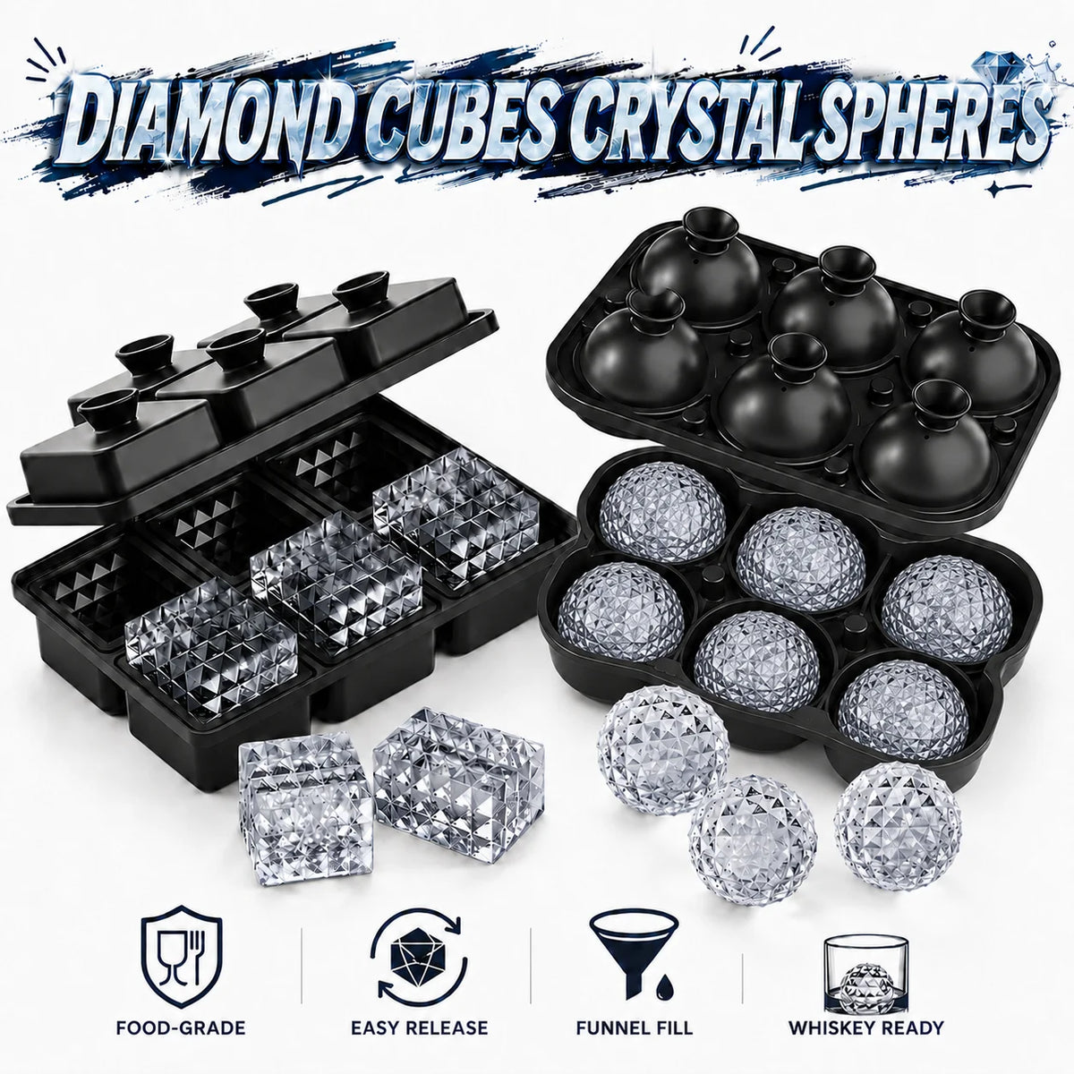 6-Cavity Diamond Silicone Ice Tray with Funnel Lid | Whiskey Bar Silicone Ice Tray Axl