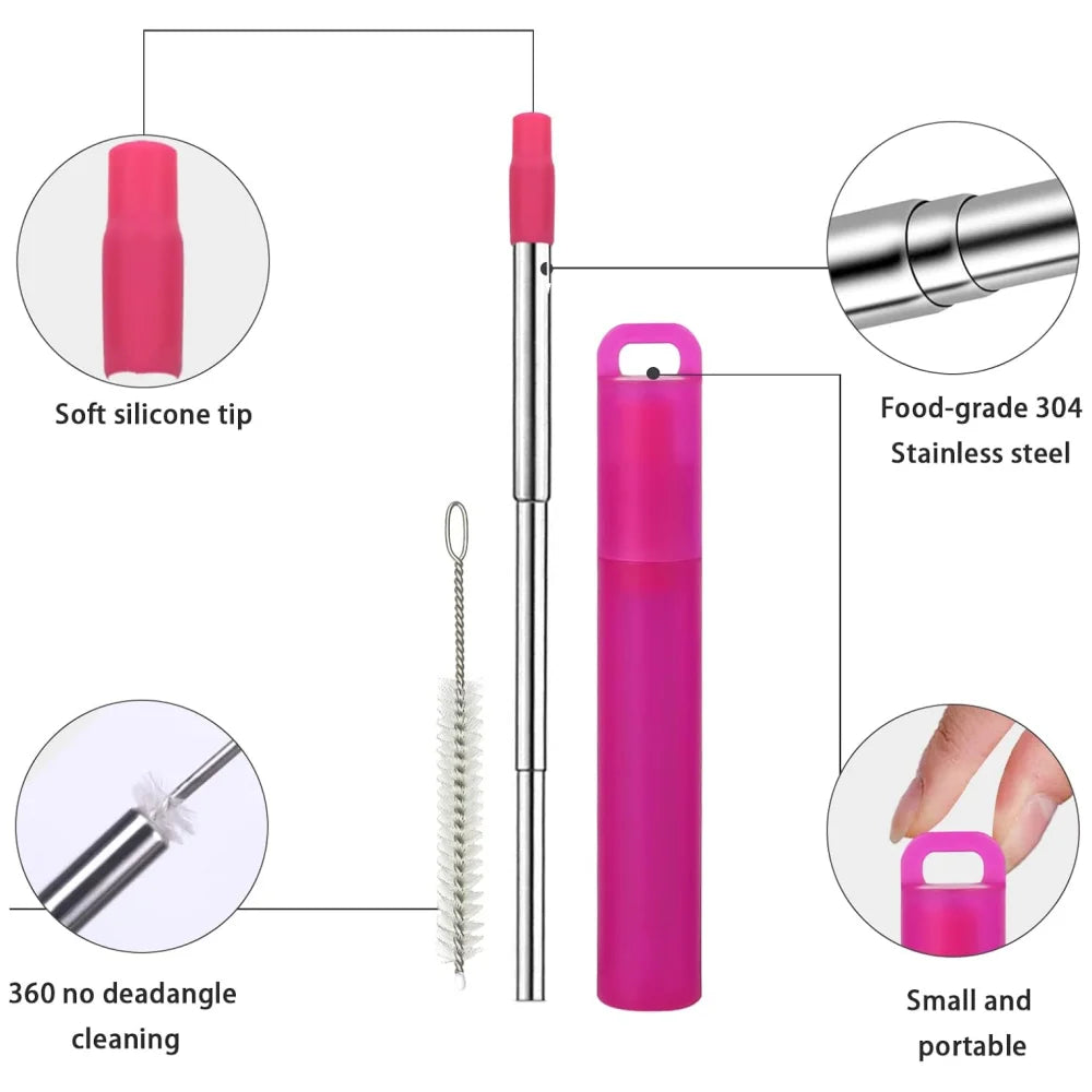 Collapsible Stainless Steel Travel Straws with Case & Brush Reusable Travel Straws Axl
