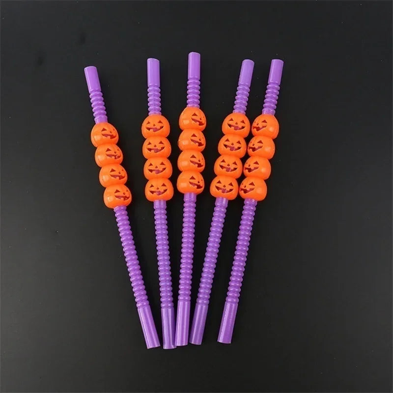 Halloween Skull & Pumpkin Drinking Straws – 5 Pack Party Decor Halloween Party Straws Axl purple and orange