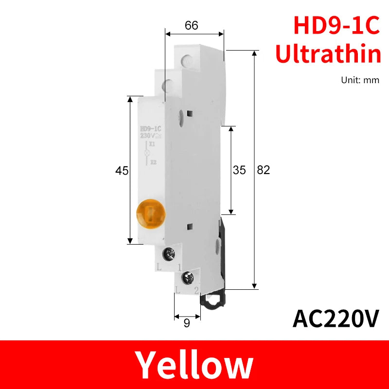 HD9 DIN Rail LED Signal Indicator Light 9mm 18mm 220V – 4 Colors LED Indicator Light Axl 1C-Yellow