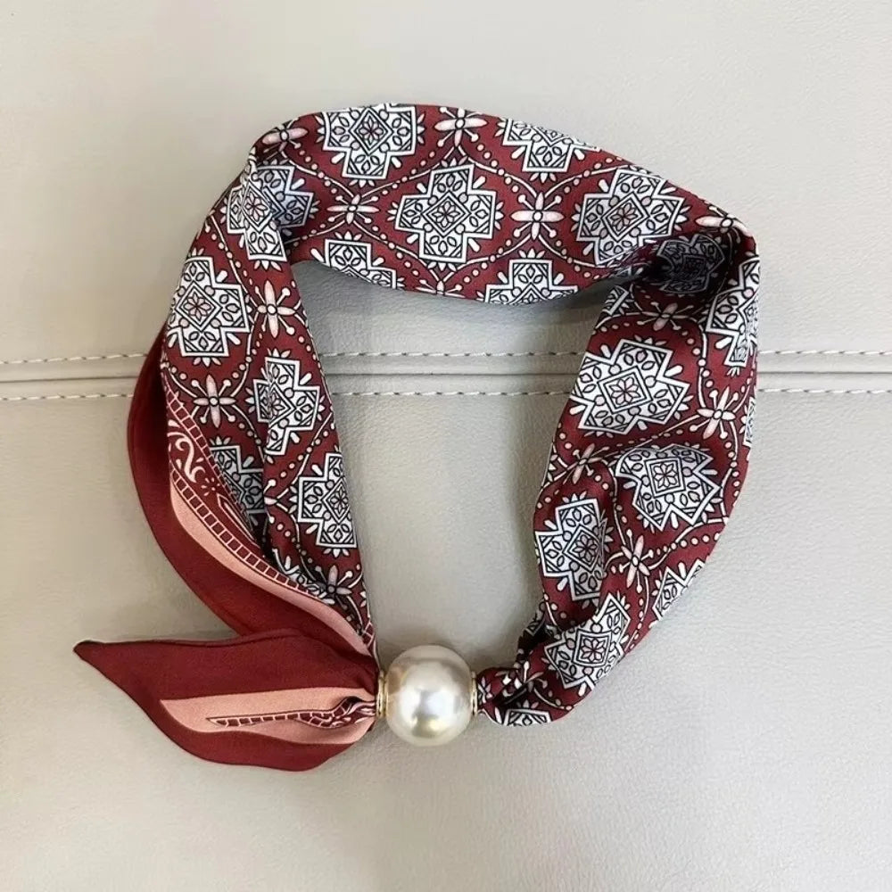 Women's Printed Polyester Scarf – Pearl & Magnetic Buckle Fashion Scarf Axl Dark Red