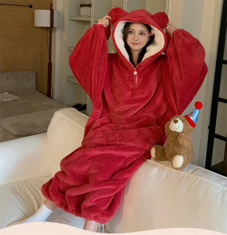 Women's Flannel Hooded Nightgown – Warm Padded Winter Homewear Flannel Nightgown Axl red M