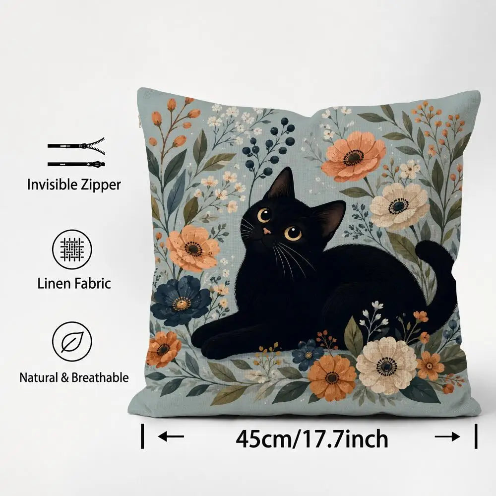 Black Cat Floral Linen Cushion Cover | Sofa & Bedroom Decor Decorative Cushion Cover Axl