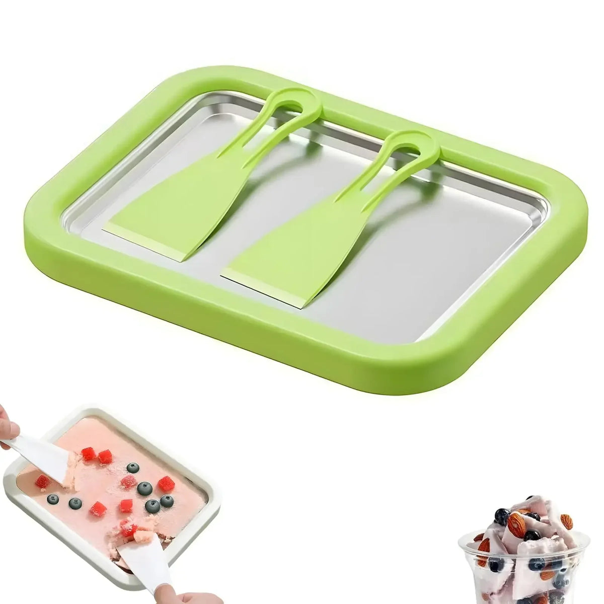 Rolled Ice Cream Maker Pan with 2 Scrapers | DIY Dessert Tray Ice Cream Maker Pan Axl green 22.5x17.5x3.5cm