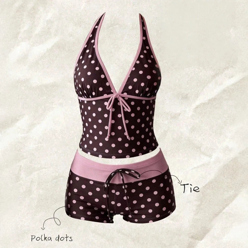 Polka Dot Halter Bikini Set – Deep V Lace-Up Low Waist Swimwear Halter Bikini Set Axl