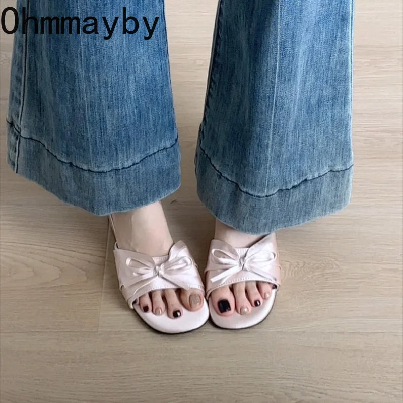 Women's Satin Wedge Slippers – Butterfly-Knot Party Slide Wedge Slide Slippers Axl