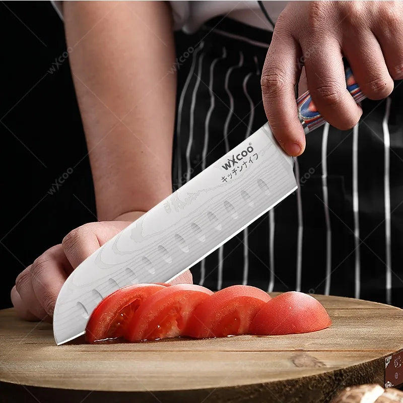 WXCOO Damascus Santoku Knife & Peeler Set – Wood Handle Kitchen Knife Set Axl