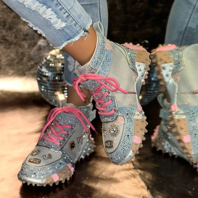 Women's Rhinestone High-Top Sneaker Boots – Thick Sole High-Top Sneaker Boots Axl