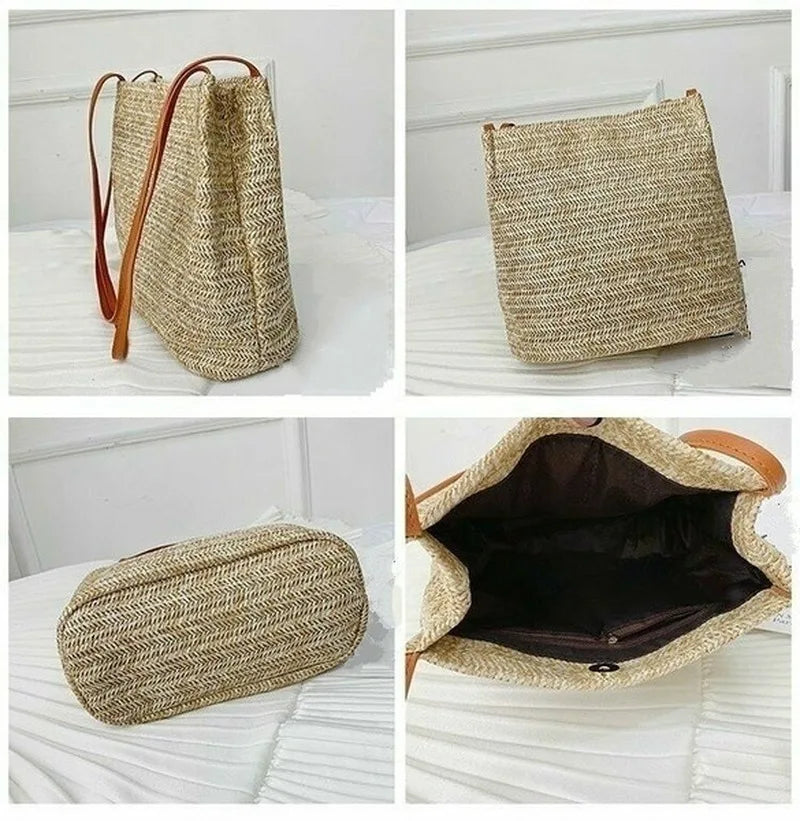 Women's Straw Rattan Woven Beach Bag – Boho Shoulder Tote Woven Straw Handbag Axl