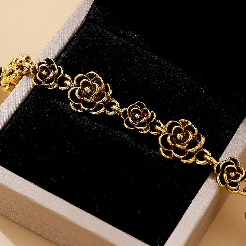 Retro Vintage Rose Flower Bracelet – Women's Gold Silver Chain Charm Bracelet Axl