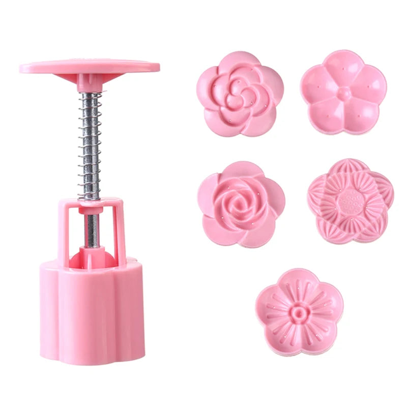 Mooncake Mold Set with 5 Stamps – DIY Mid-Autumn Baking Tool Baking Mold Set Axl Pink