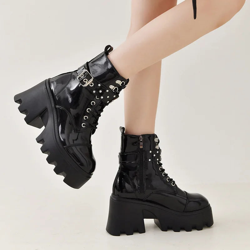 Women's Retro Punk Ankle Boots – Square Heel Lace-Up Short Boot Punk Ankle Boots Axl