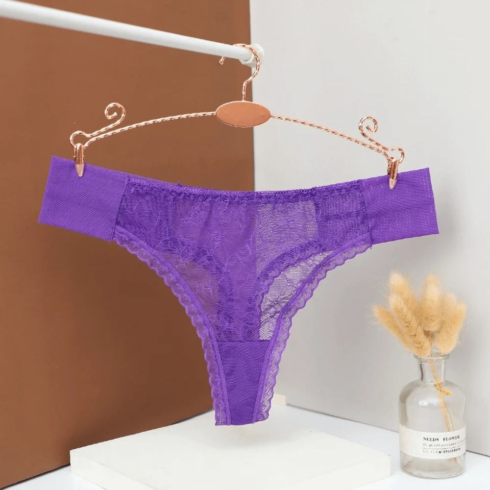 Women's Sheer Lace Thong – Low Rise Mesh G-String Panties Lace Thong Panties Axl Purple S 1pc