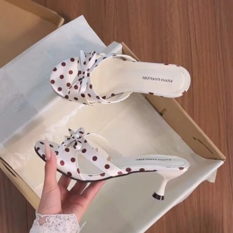 Satin Butterfly-Knot Women's Slippers – Polka Dot Block Heels Block Heel Slippers Axl WHITE 42