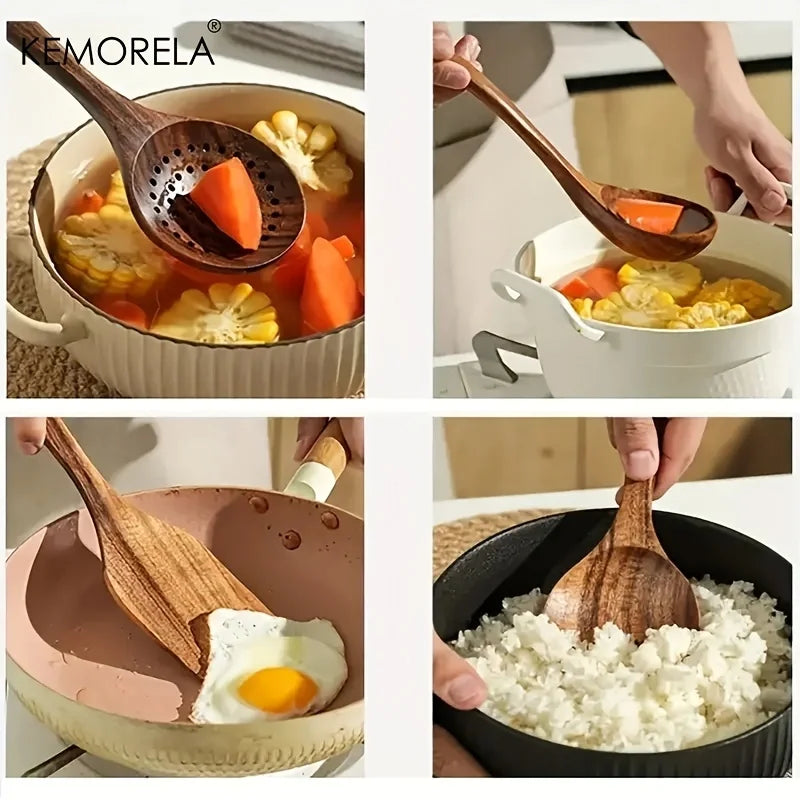 5-Piece Teak Wood Kitchen Utensil Set – Ladle, Turner & Scoop Wood Kitchen Utensil Set Axl