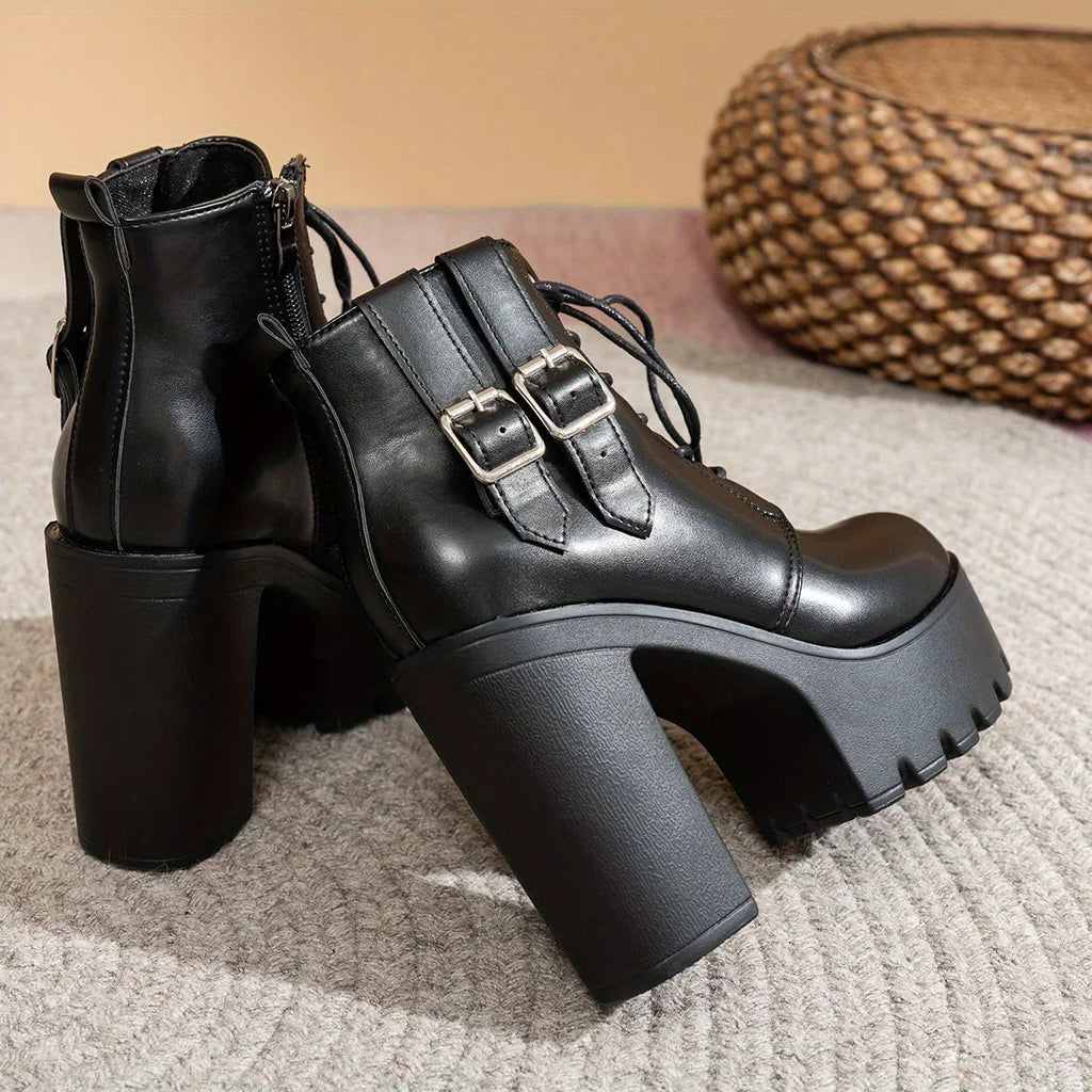 Women's Lace-Up Double Buckle High Heel Ankle Boots – Black Women's Ankle Boots Axl