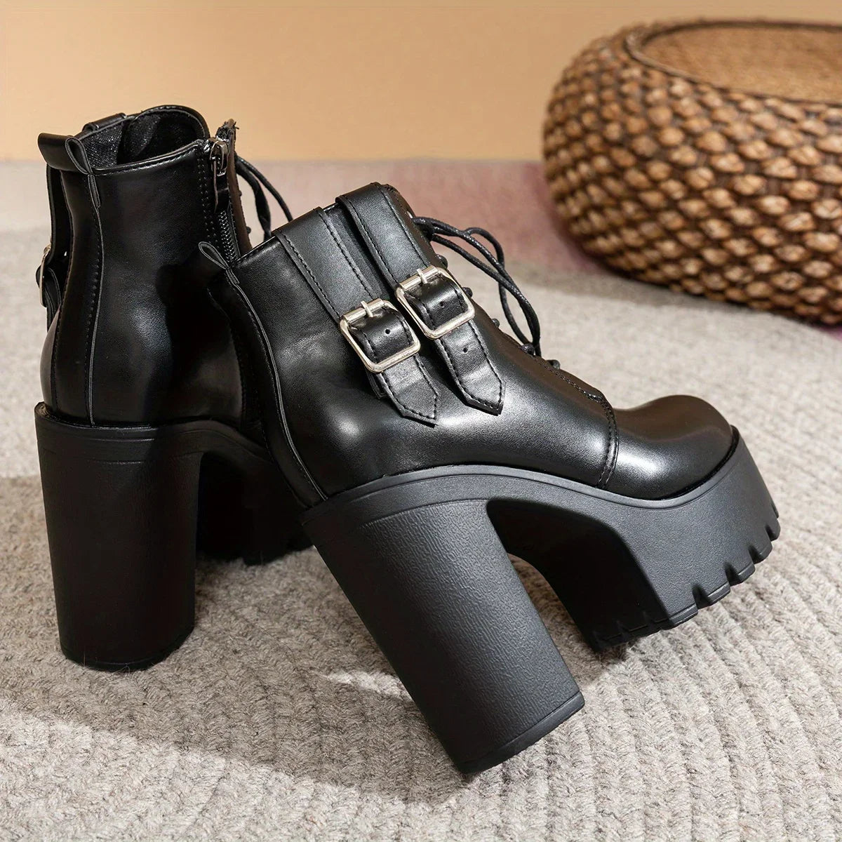 Women's Lace-Up Double Buckle High Heel Ankle Boots – Black Women's Ankle Boots Axl