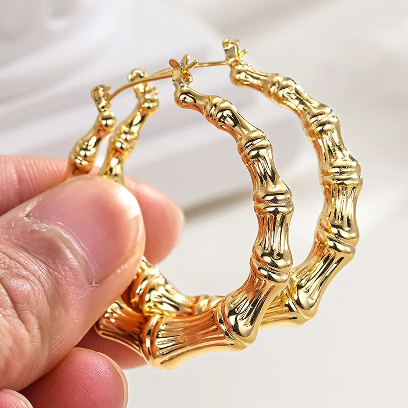 Huitan Gold Bamboo Hoop Earrings – Large Geometric Statement Hoop Earrings Axl