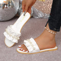 Women's Pearl Ruffle Flat Slide Sandals – Open Toe Beach Slippers Flat Slide Sandals Axl 38 WHITE