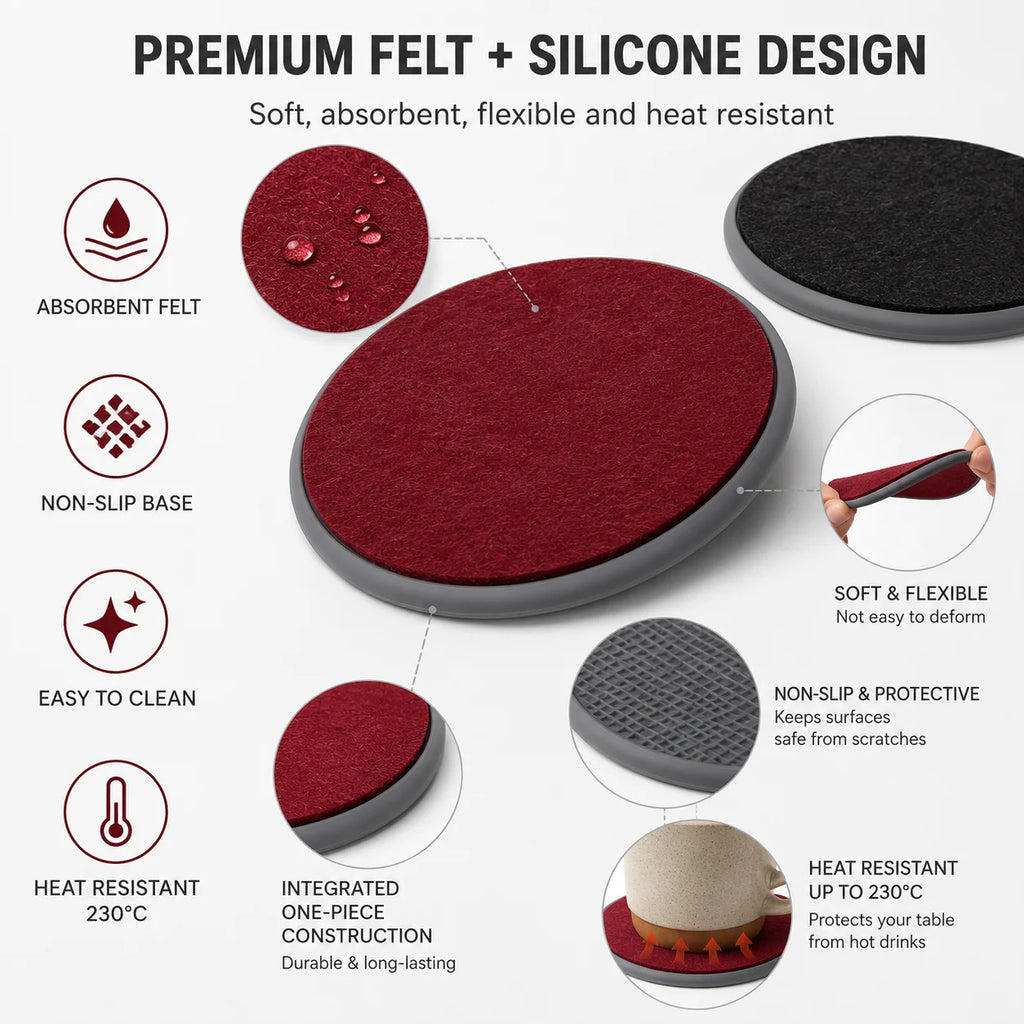 Felt & Silicone Drink Coasters Set of 6 with Metal Holder Drink Coaster Set Axl