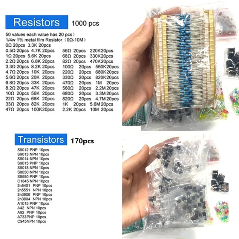 1818pcs Electronic Components Kit – Resistors, Capacitors, LEDs, PCB Electronic Components Kit Axl