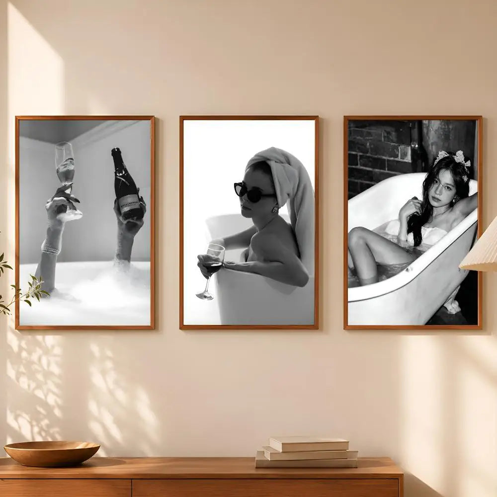 Woman Drinking Wine in Bathtub Poster – Self-Stick Wall Art Wall Art Poster Axl