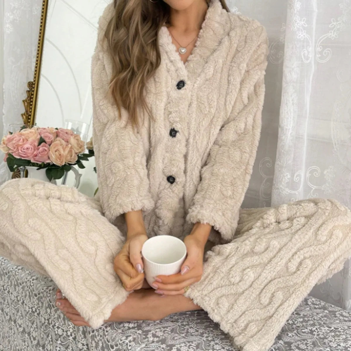 Women's Coral Velvet Pajama Set – Thick Warm Winter Loungewear Women's Pajama Set Axl