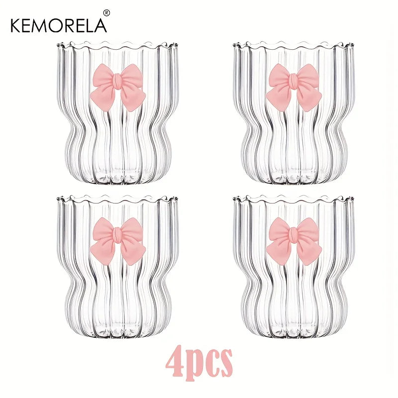 KEMORELA Bow Vintage Ripple Glass Cups 350ml – Set of 2/4/6 Glass Drinkware Set Axl 4pcs 350ml