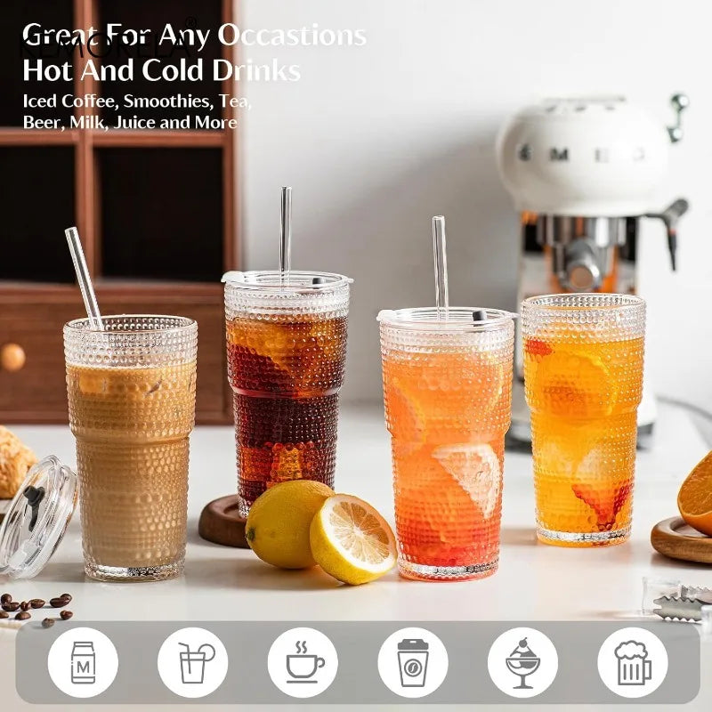 KEMORELA 600ml Hobnail Glass Tumbler with Lid & Straw Glass Tumbler Set Axl