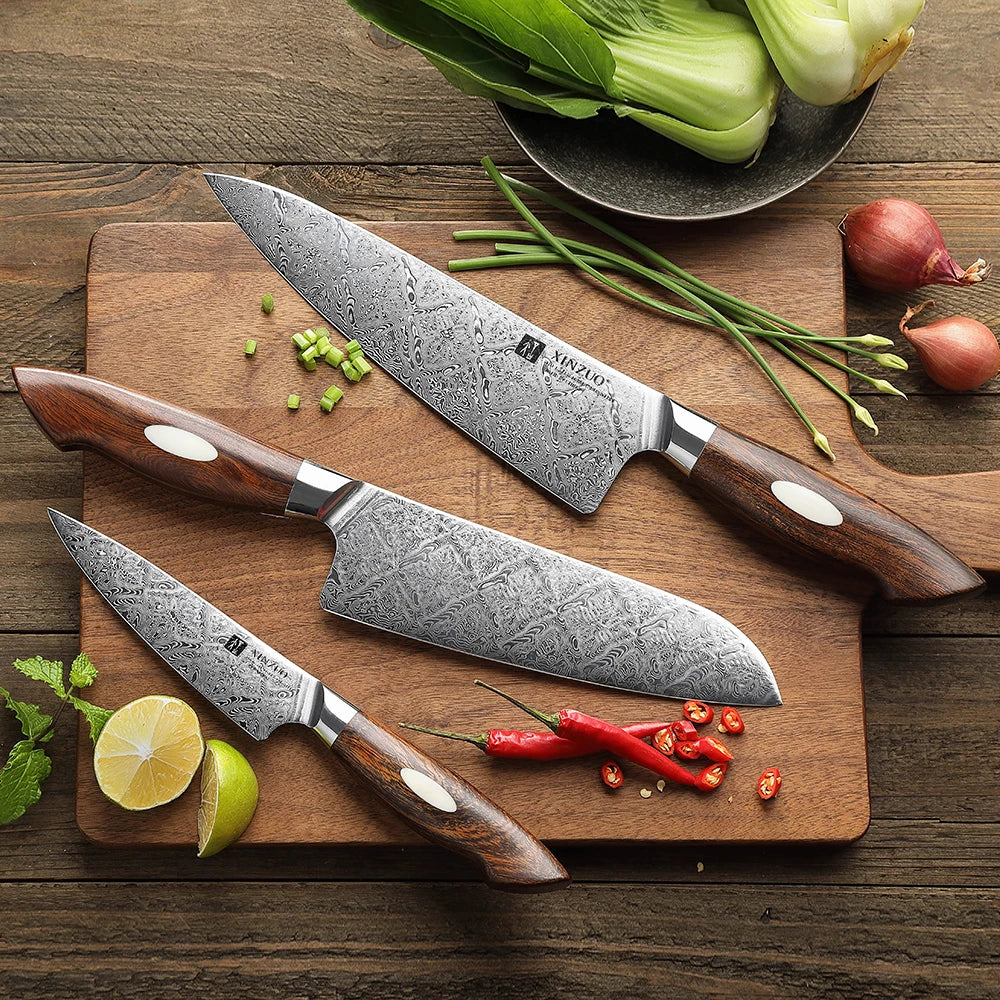 XINZUO 3-Piece Damascus Steel Kitchen Knife Set – Chef Santoku Kitchen Knife Set Axl