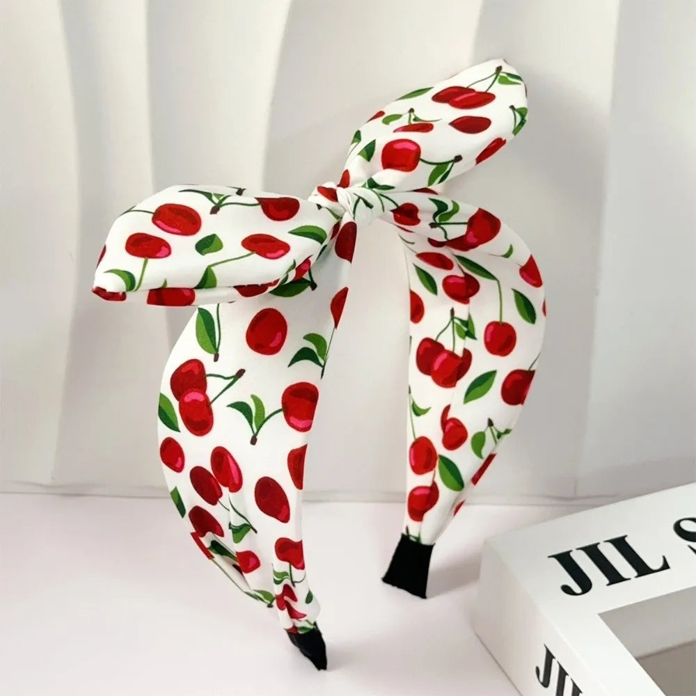 Cherry Print Bow Headband – Wide Knotted Rabbit Ear Hair Hoop Fashion Headband Axl