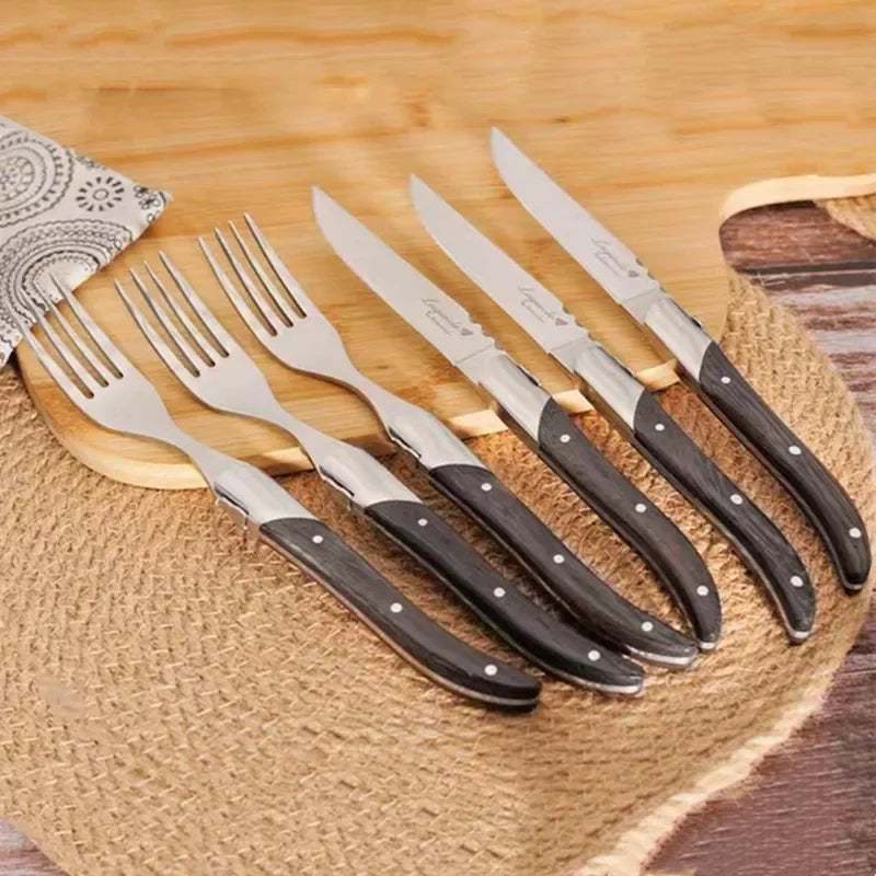 6-Piece Laguiole-Style Steak Knife & Fork Set | Wood Handle Steak Cutlery Set Axl
